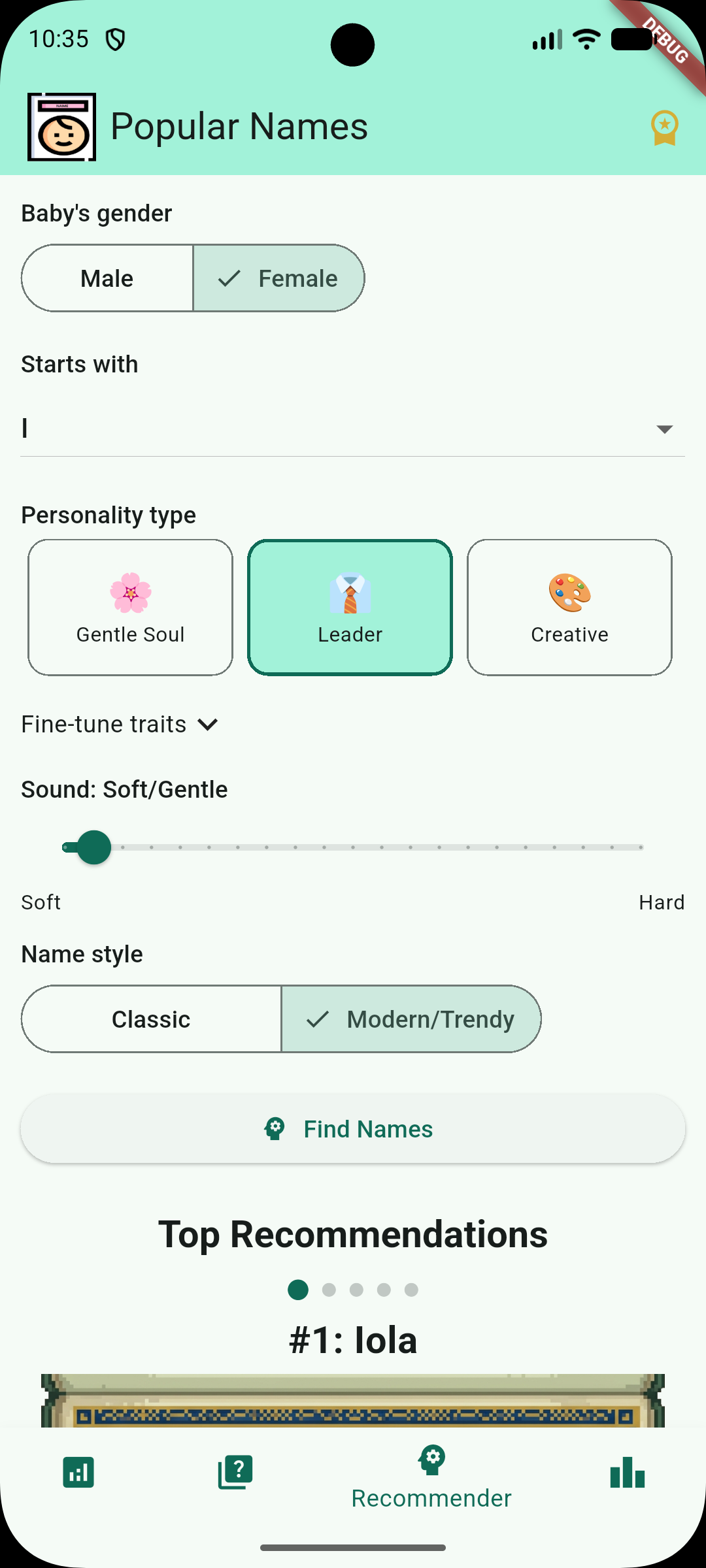 Baby name recommender system suggesting names to the user